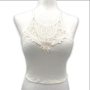 SO Pretty Little Layers Ribbed Crocheted High Neck White Halter Neck Tan…